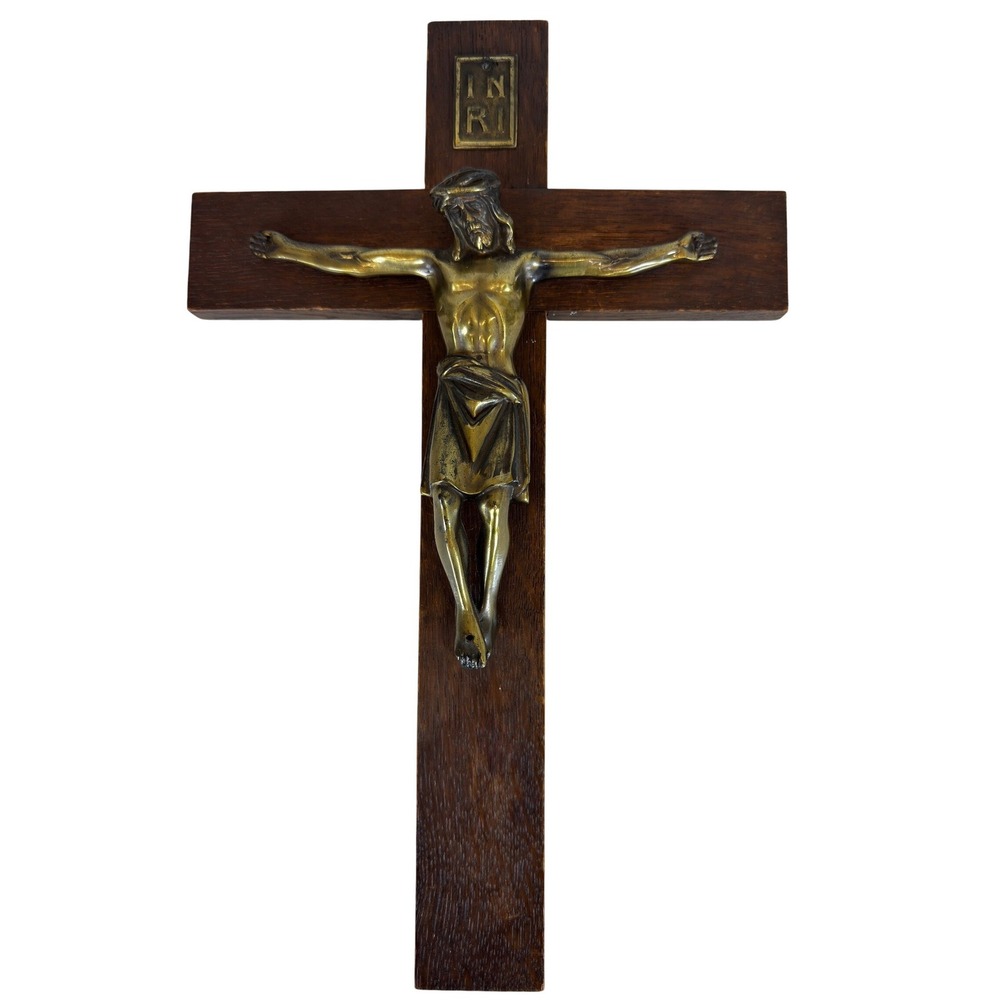 Vintage Wood and Brass Wall Crucifix Religious Cross INRI Plaque 16 Inch